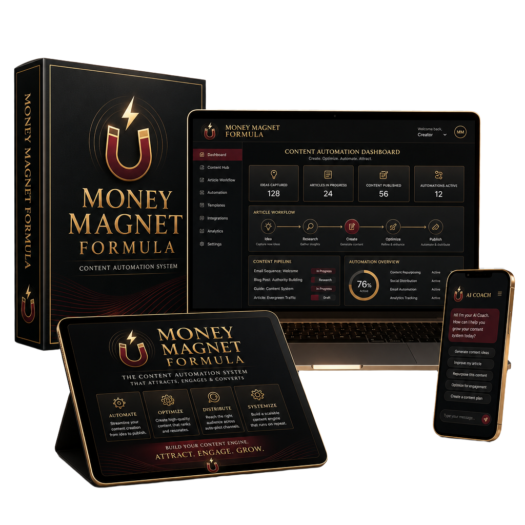 Money Magnet Formula premium digital product bundle with course box, laptop, tablet, and AI coach phone